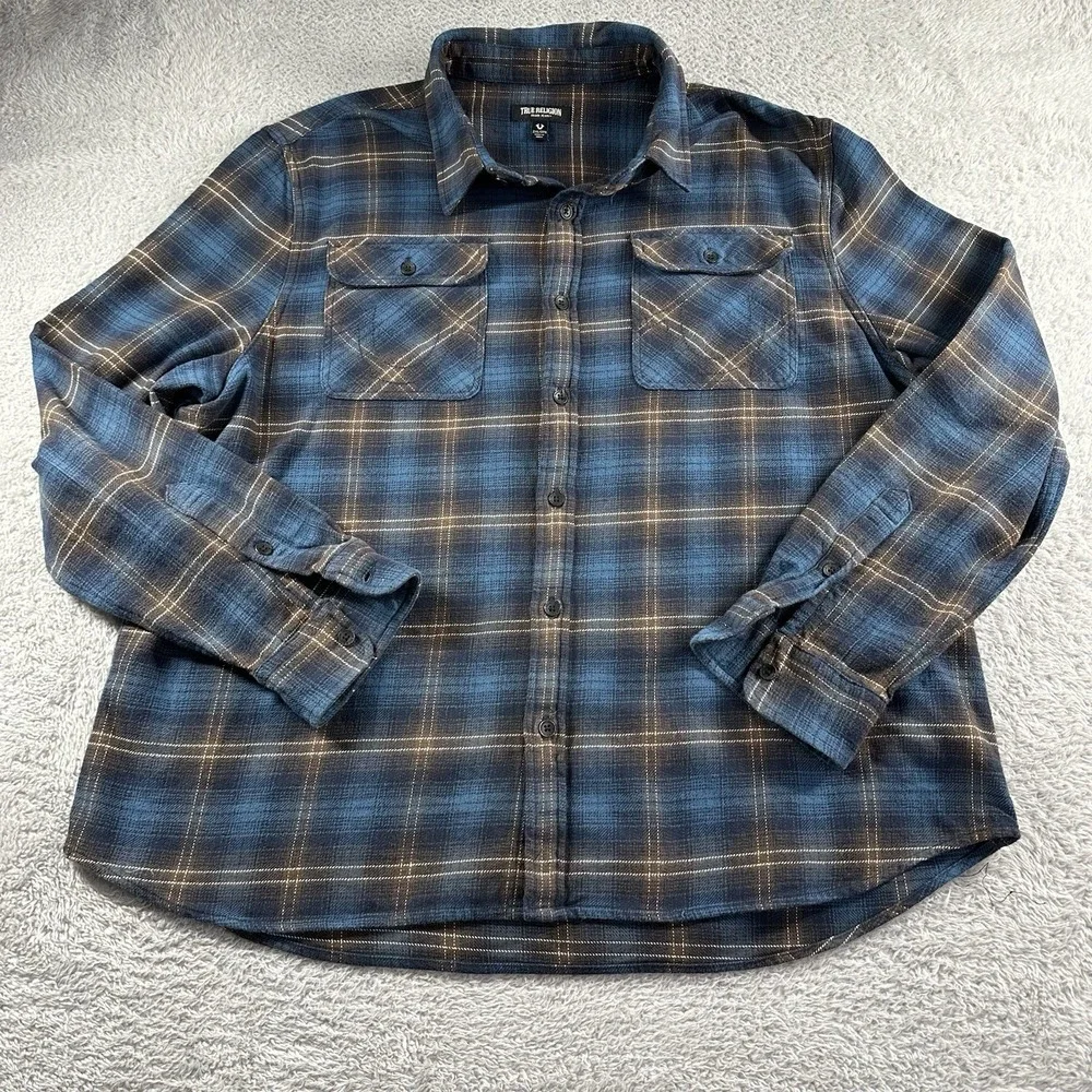 True Religion Shirt Mens‎ 2x Blue Logo Workwear Woven Plaid Flannel Utility